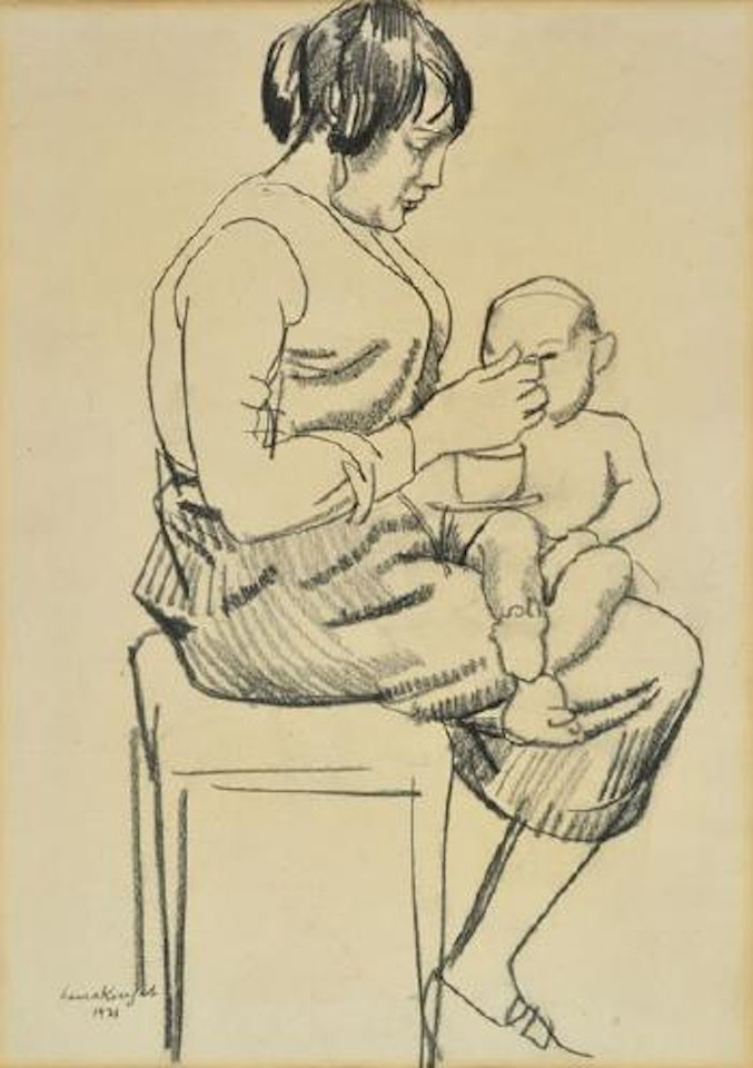 Mother seated in profile on a stool, feeding a baby by Laura Knight