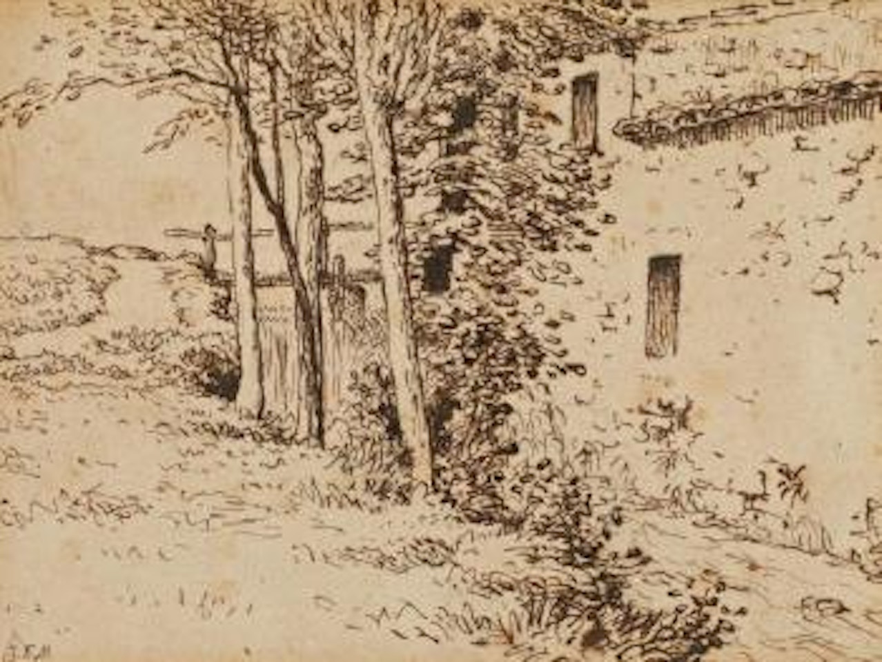 Cour d'eau le long d'une ferme, campagne de Vichy by Jean-François Millet