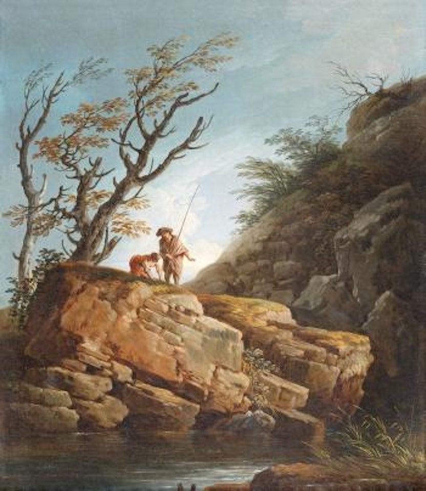 Pêcheur sur un rocher. Promeneurs dans un paysage avec une cascade by Charles François Grenier de Lacroix de Marseille