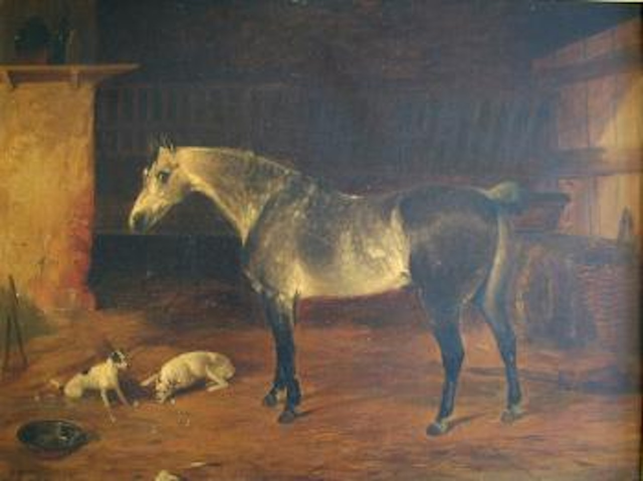 A Dappled Grey with Two Terriers in a Stable by Richard Ansdell