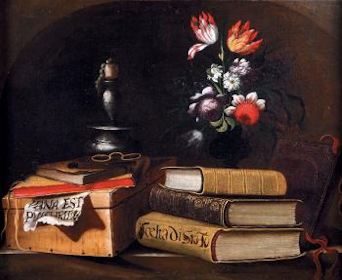 Nature morte à la chandelle, ouvrage et vase de fleurs sur un entablement de pierre by Simon Renard de Saint-Andre