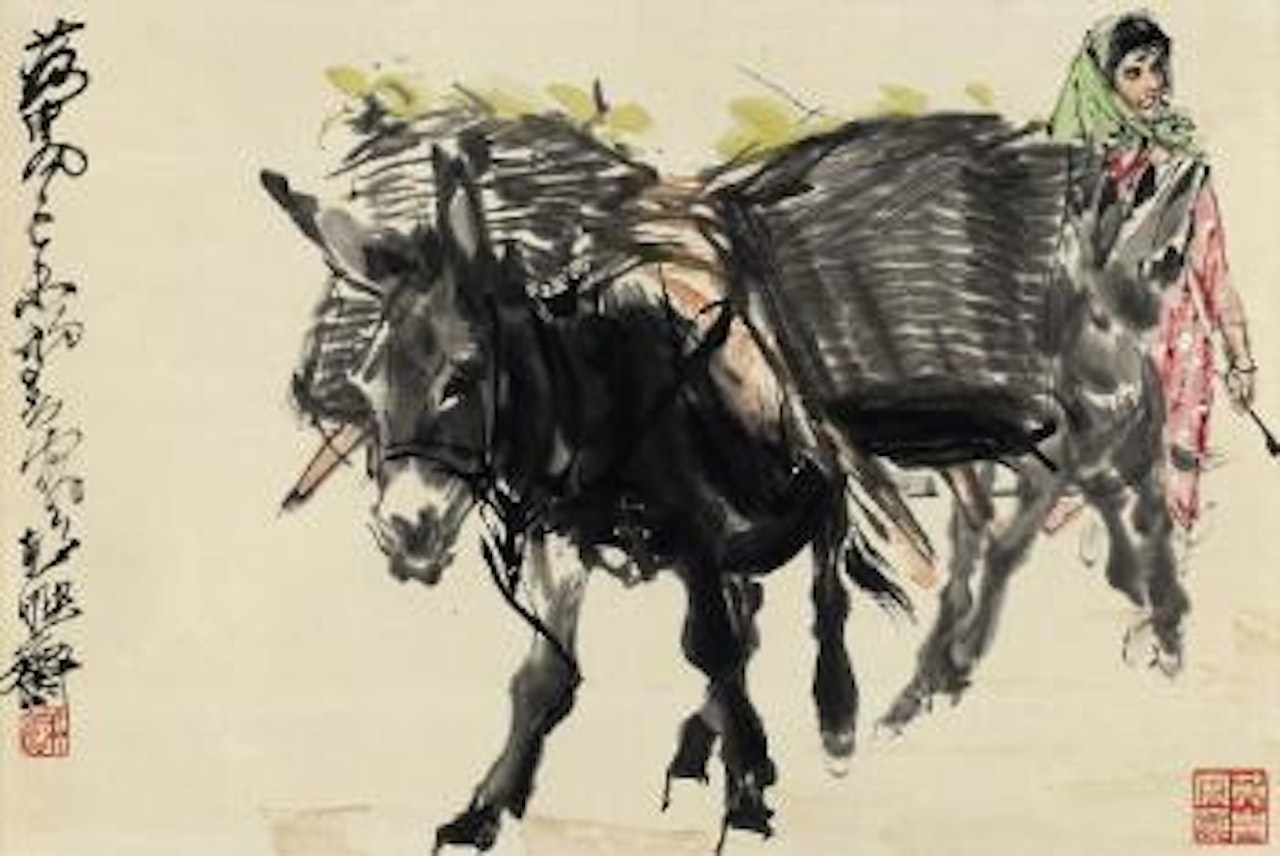 Beladener Esel, ein zweiter Esel und eine junge Frau aus der Provinz Sinkiang by Huang Zhou