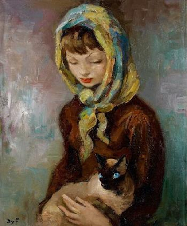 Jeune fille au chat siamois by Marcel Dyf