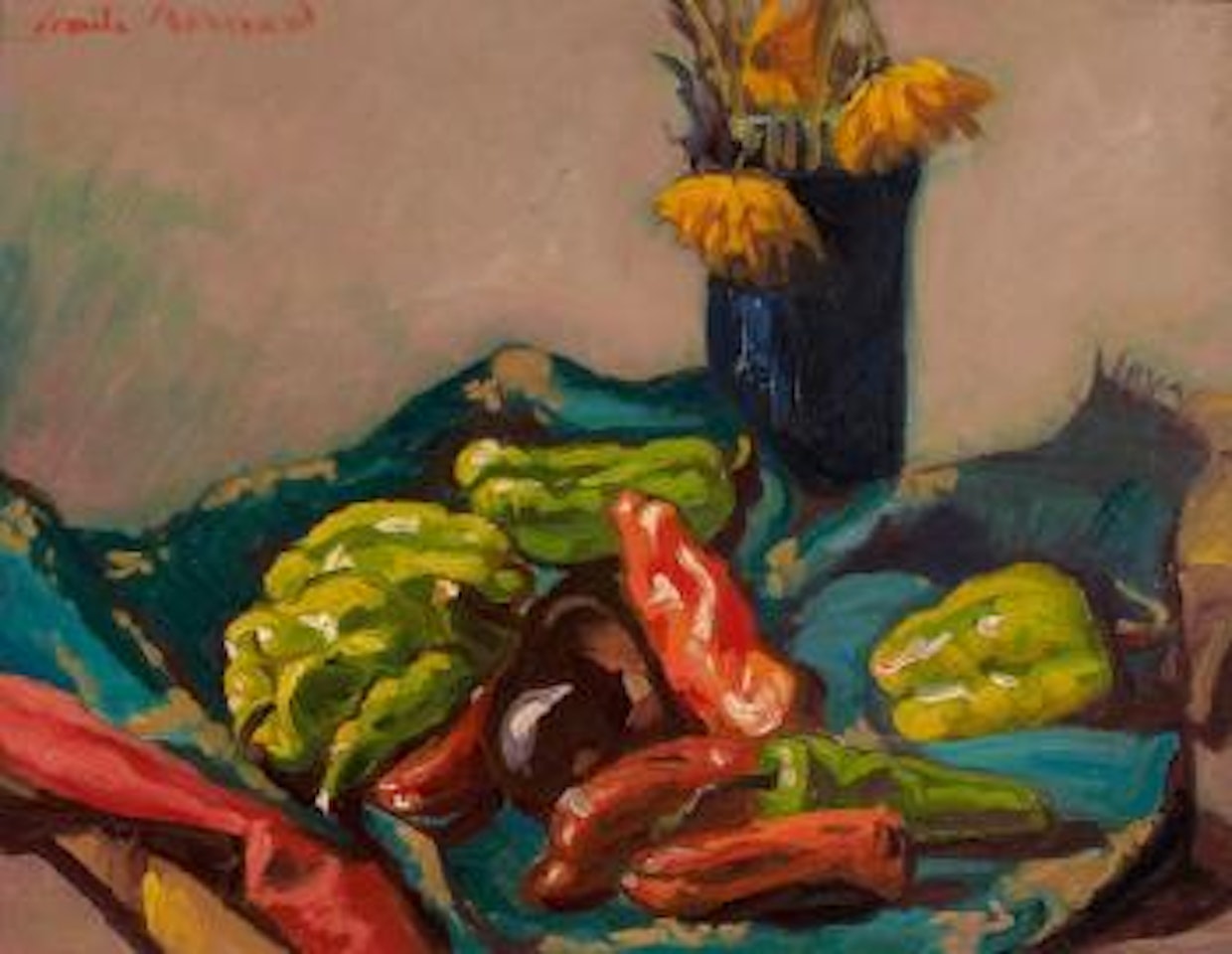 Nature morte aux poivrons et vase de fleurs by Emile Bernard
