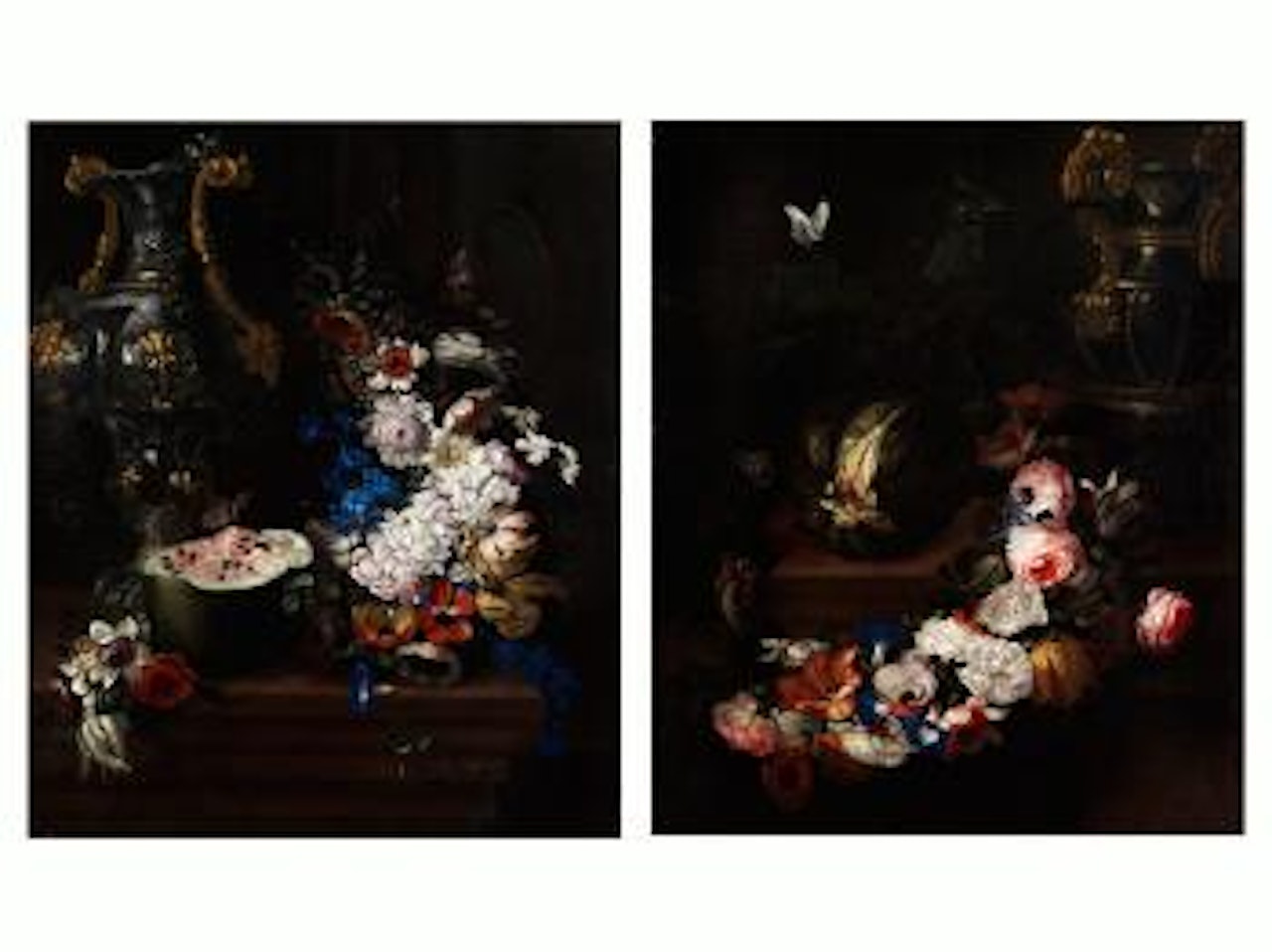 Blumenstillleben mit Melone und grosser Prunkvase. Stillleben mit Blumenkranz um eine Melone mit rechts stehender Prunkvase by French School