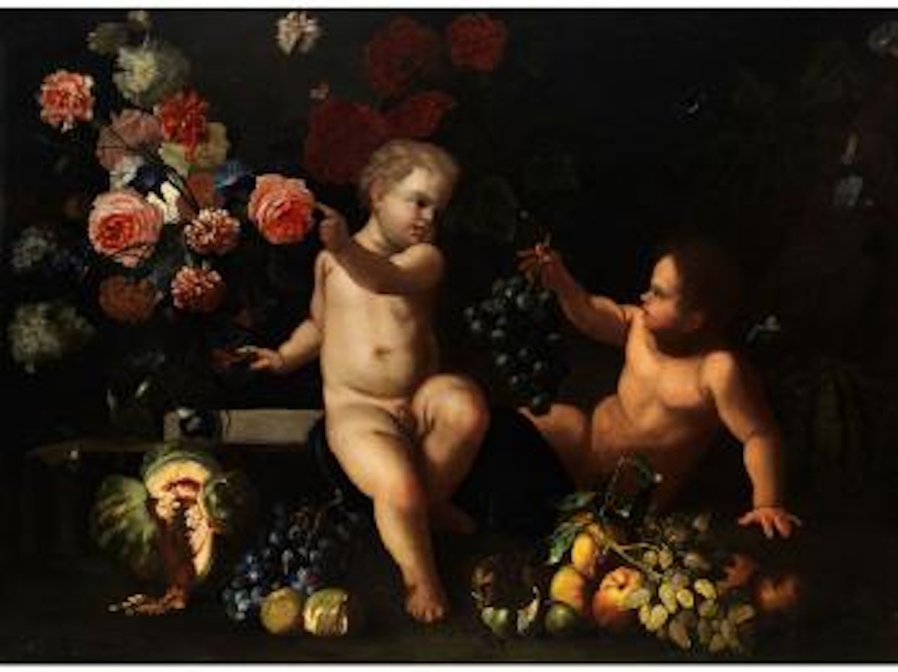 Grosses Blumen- und Früchtestillleben mit zwei Knäblein by Guillaume Courtois by Franz Werner von Tamm