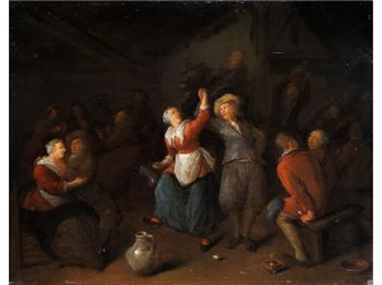 Tanzendes Bauernpaar in dunklem Wirtshausinterieur by Jan Miense Molenaer