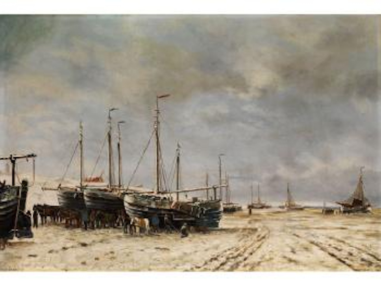 Weite Polderseelandschaft mit im Eis eingefrorenen Segelschiffen by Hendrik-Willem Mesdag