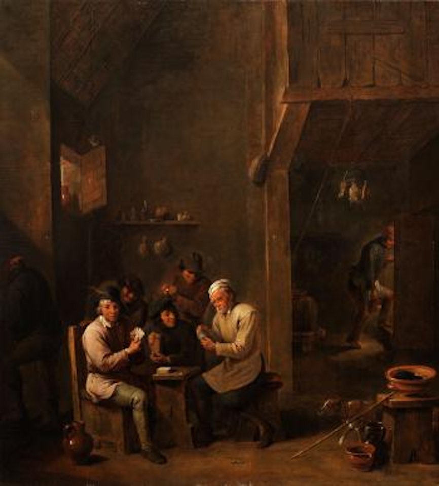 Niederländisches interieur mit Karten spielenden Männern am Tisch by David Teniers II