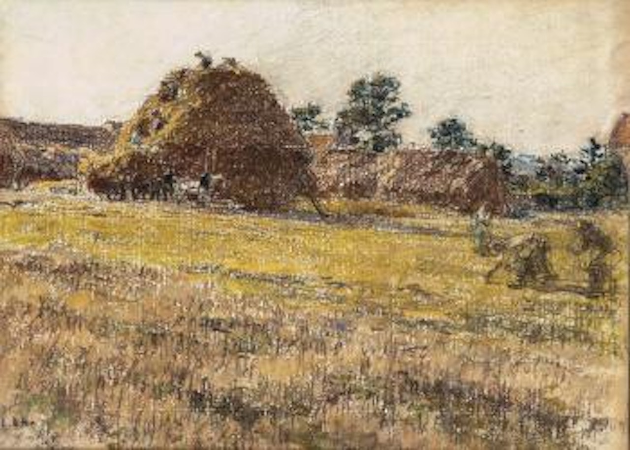 Meule de paille, paysans, attelage et glaneuses by Léon Augustin Lhermitte