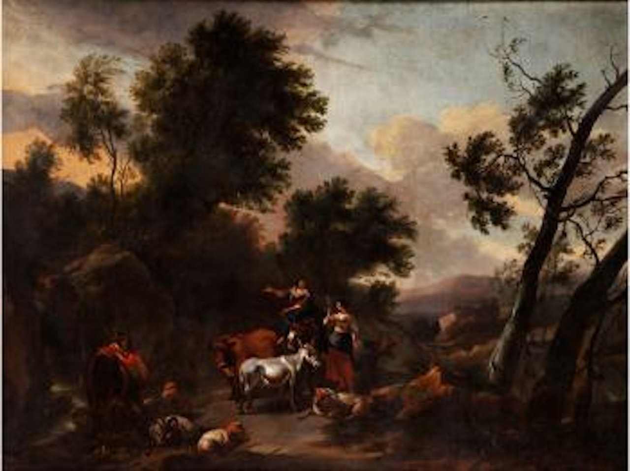 Italienische Ideallandscahft mit Hirten und einer Schäferin mit Flachsspindel zwischen Ihren Tieren by Nicolaes Pietersz Berchem