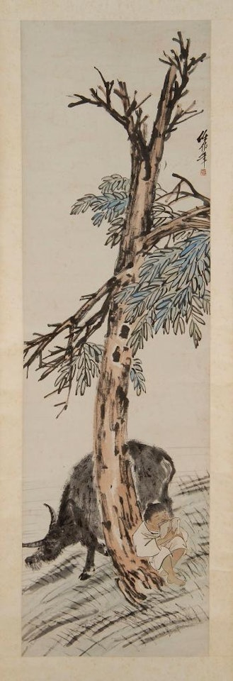 A herdboy and buffalo beneath a tree by Ren Bonian