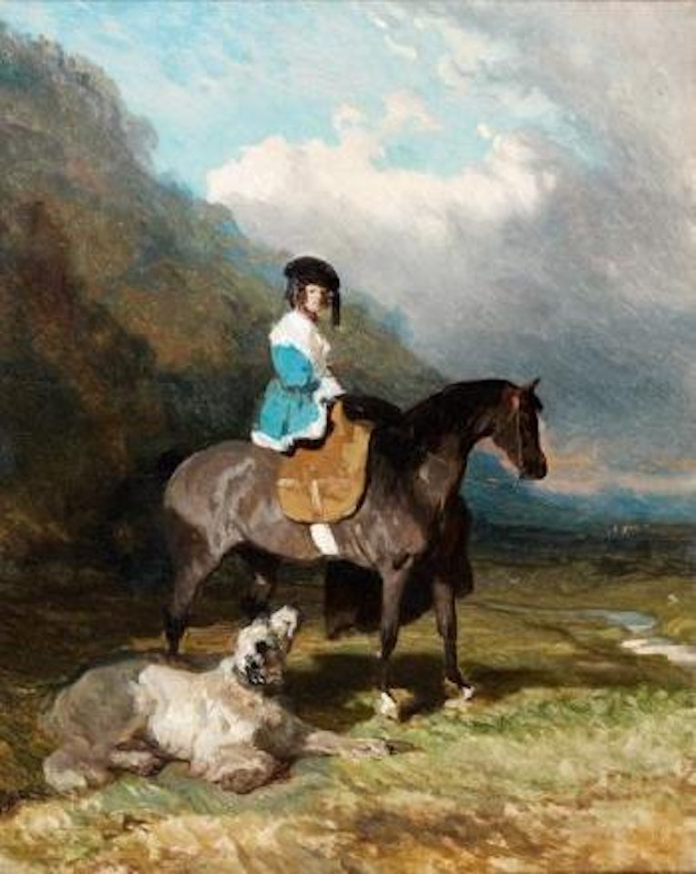 Jeune amazone et chien Saint-Bernard couché by Alfred de Dreux