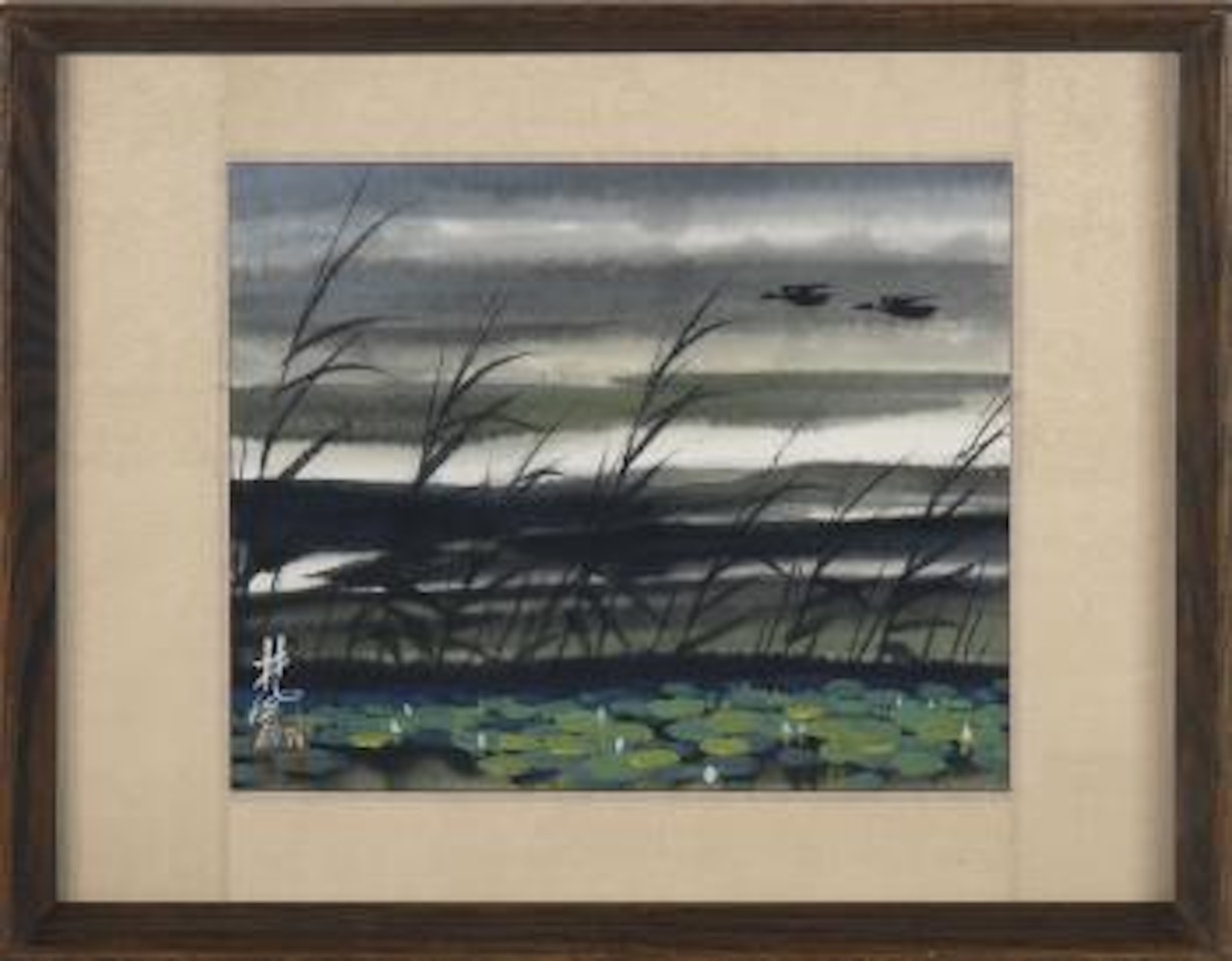 Two ducks in flight above a marsh by Lin Fengmian