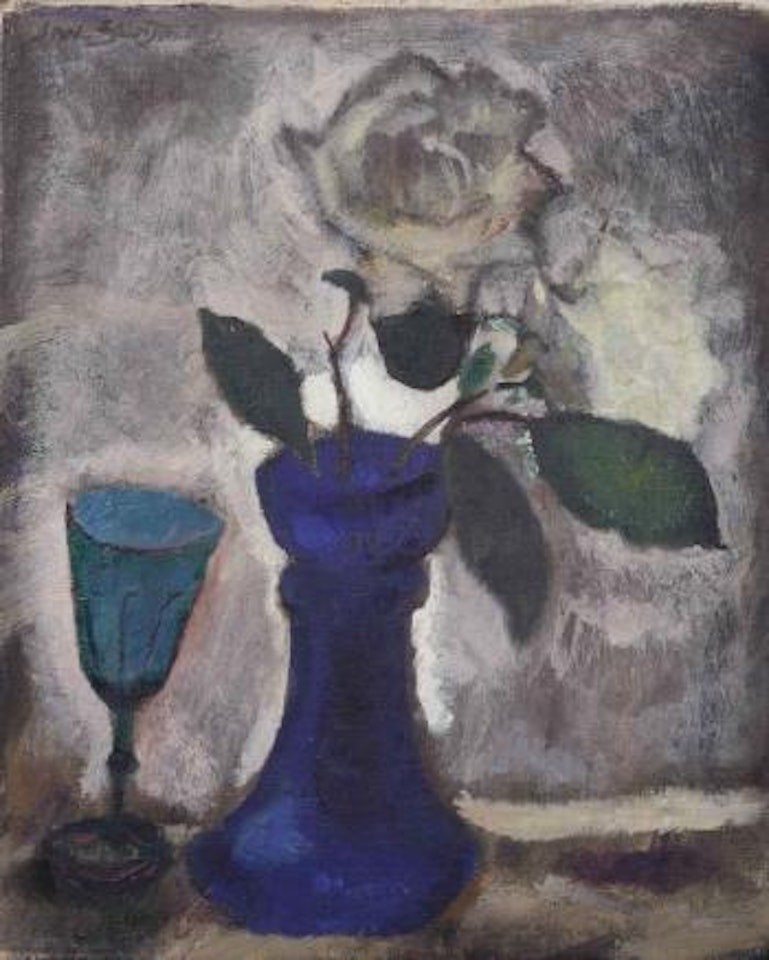 A still life with roses in a blue vase and a turquoise glass by Jan Sluyters