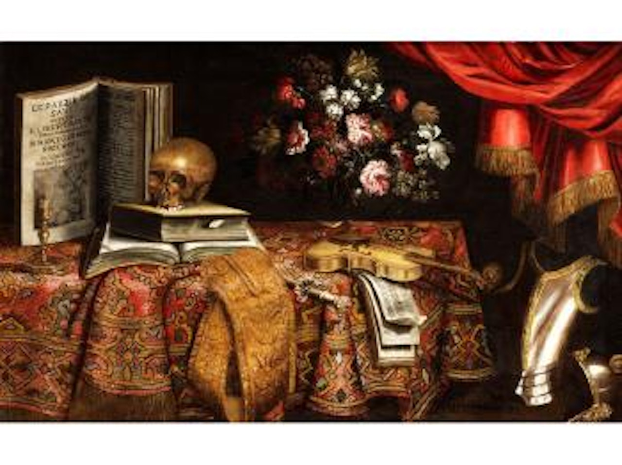 Grosses Vanitasstillben mit Violine, Notenbuch, Blumenvase sowie auf einem Buch Aufliegender Schädel by Pier Francesco Cittadini