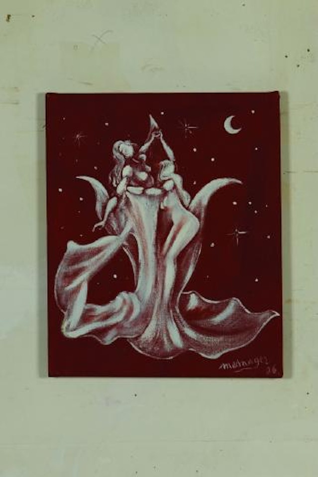 Deux femmes papillons, fond ocre rouge by Jérôme Mesnager