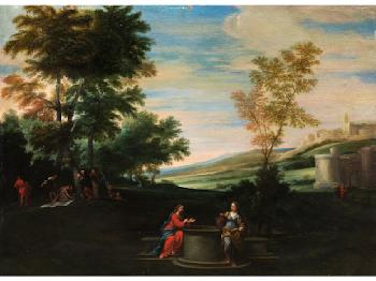 Ideallandschaft mit dem biblischen Thema Jesus und die Samariterin am Brunnen by Italian School