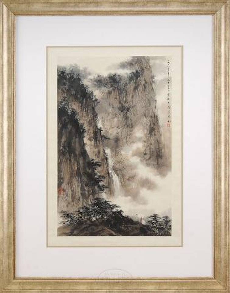 Scholar traveling in a landscape with mountains and pines by Fu Baoshi