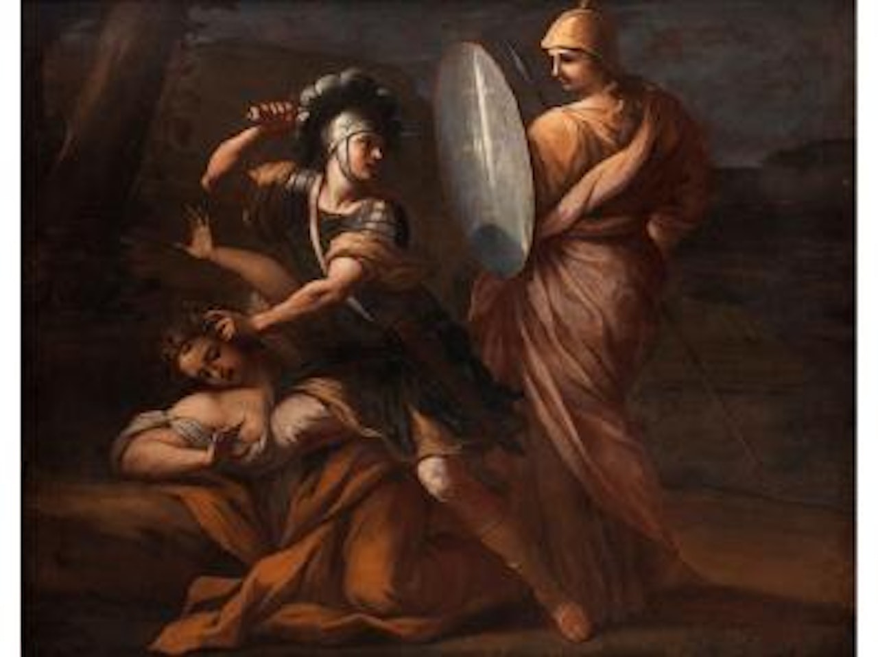 Die Göttin Athena grieft ein in den Kampf eines Soldaten gegen eine wehrlose Frau by BOLOGNESE SCHOOL
