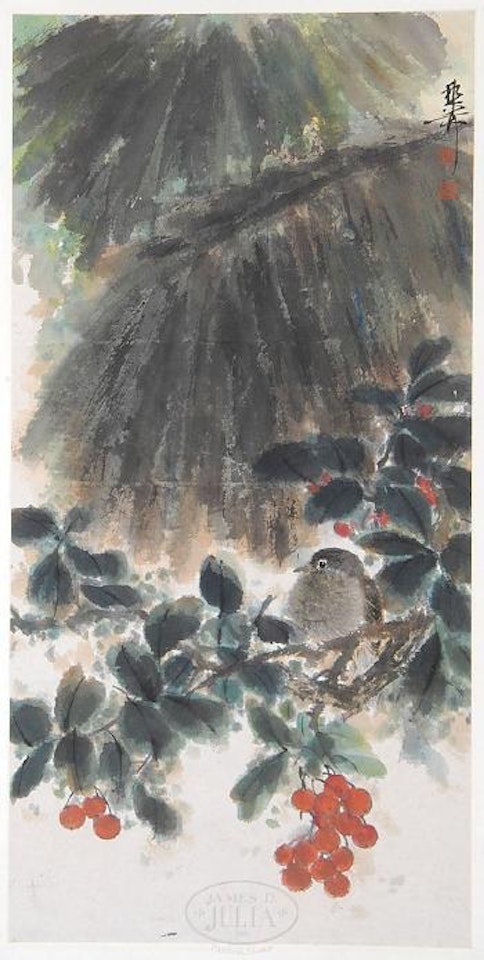 Bird rested amidst crab apples and plantain leaves by Xie Zhiliu