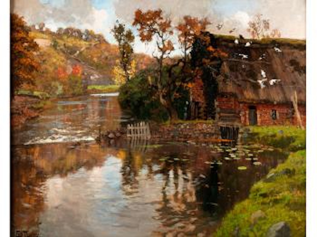 Strohgedeckte Hütte am Fluss by Fritz Thaulow