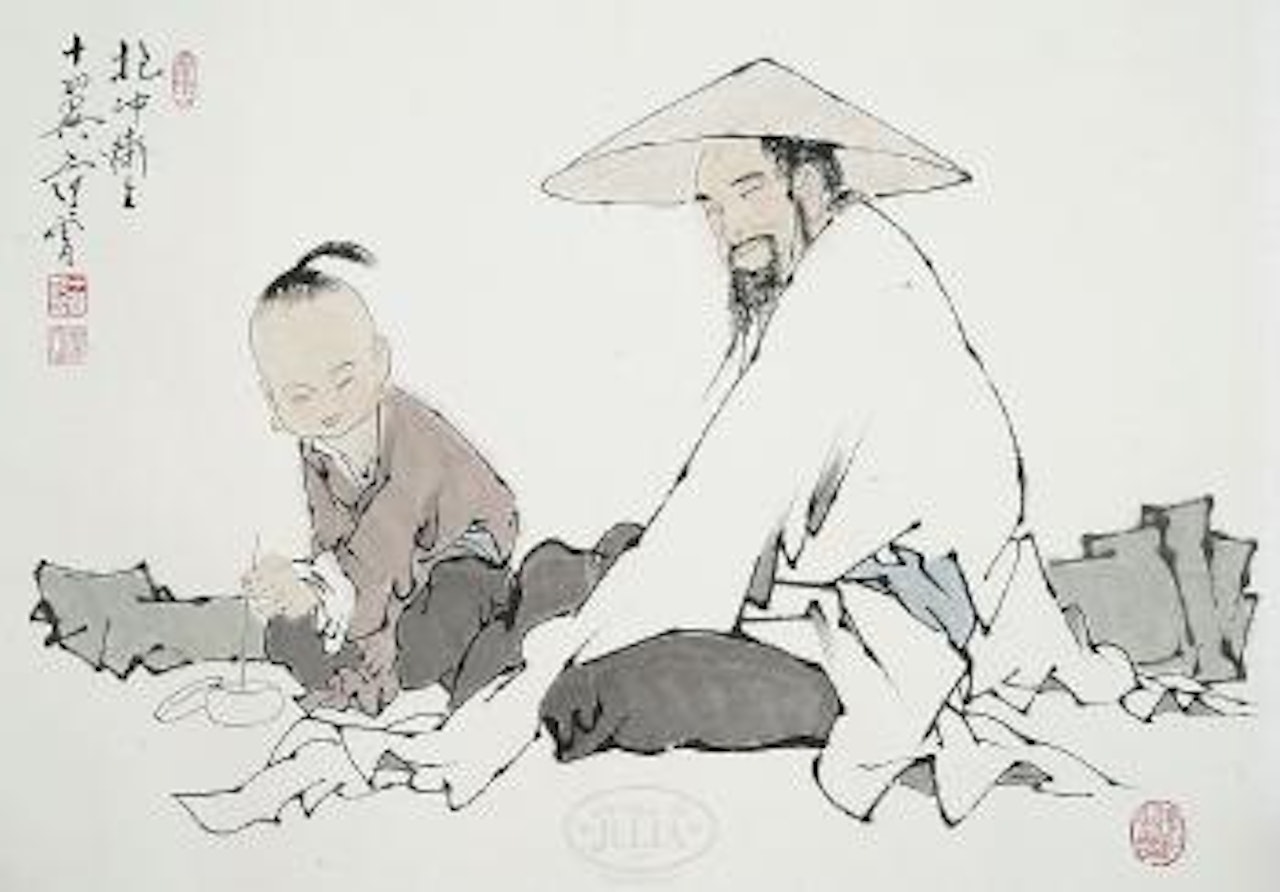 A boy and an old man resting on rocks by Fan Zeng