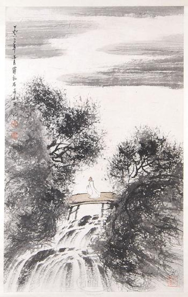 Scholar crossing a bridge in a landscape by Fu Baoshi