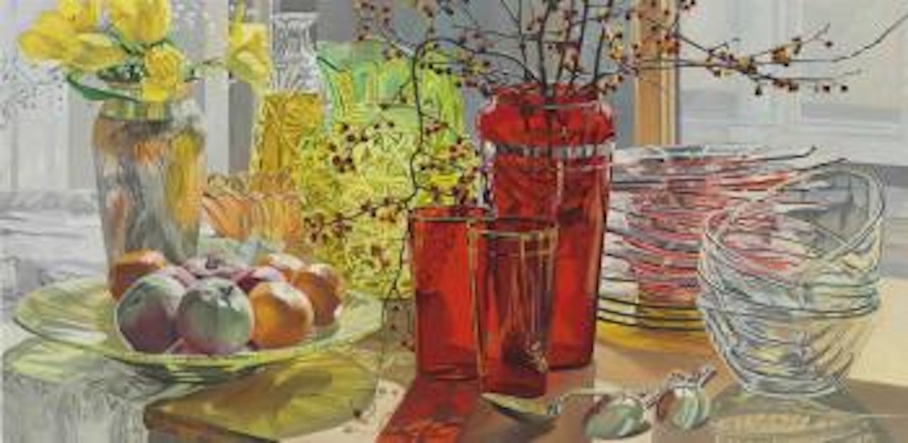 Red Vase and Yellow Tulips by Janet Fish