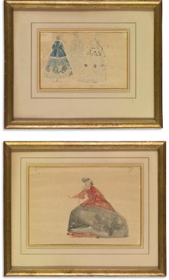 Woman In Red And Three Studies Of a Woman In Blue: Two Watercolors by Eugène Boudin