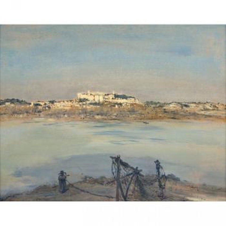 Shoreline with a fisherman in the foreground by Jean Francois Raffaelli