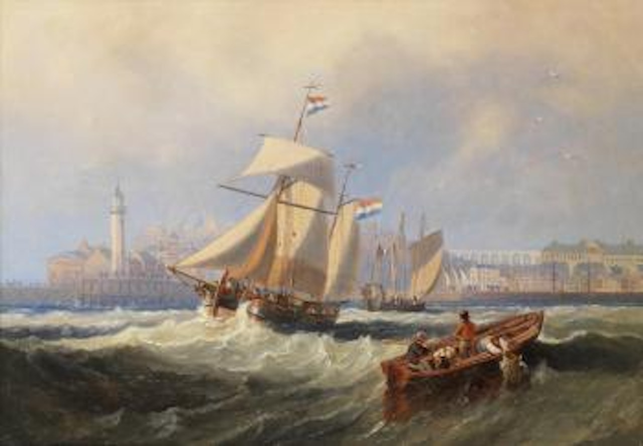 A Dutch hoy outward-bound off Scarborough, with a large Dutch lugger heading into harbour by John Wilson Carmichael