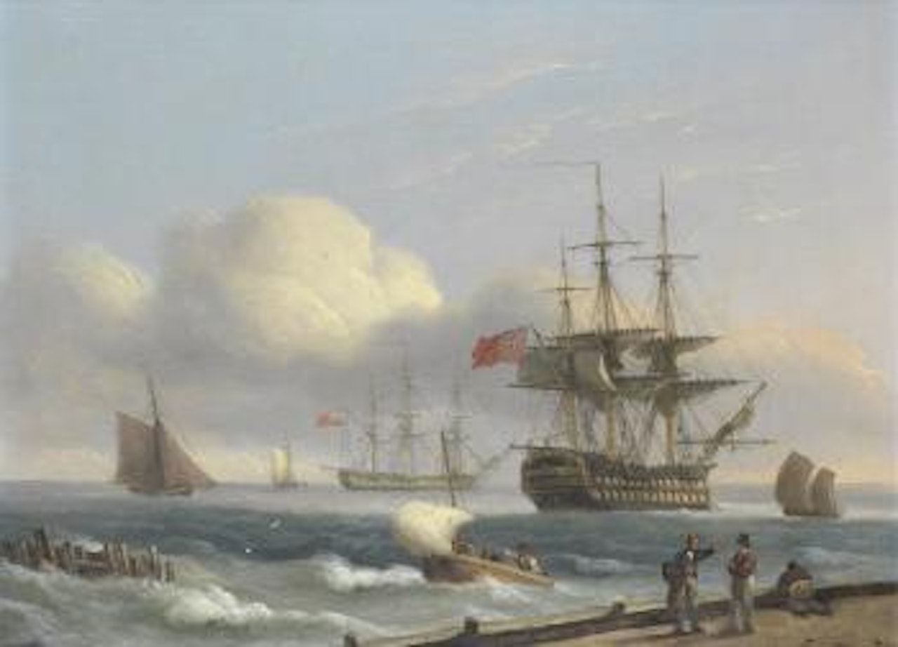 Royal Naval warships lying at anchor in a stiff breeze by Thomas Luny