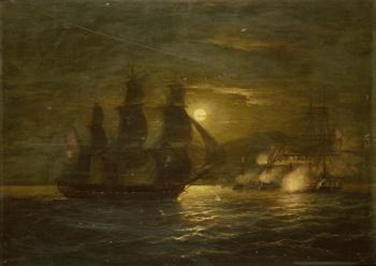 A naval engagement by moonlight by Thomas Luny