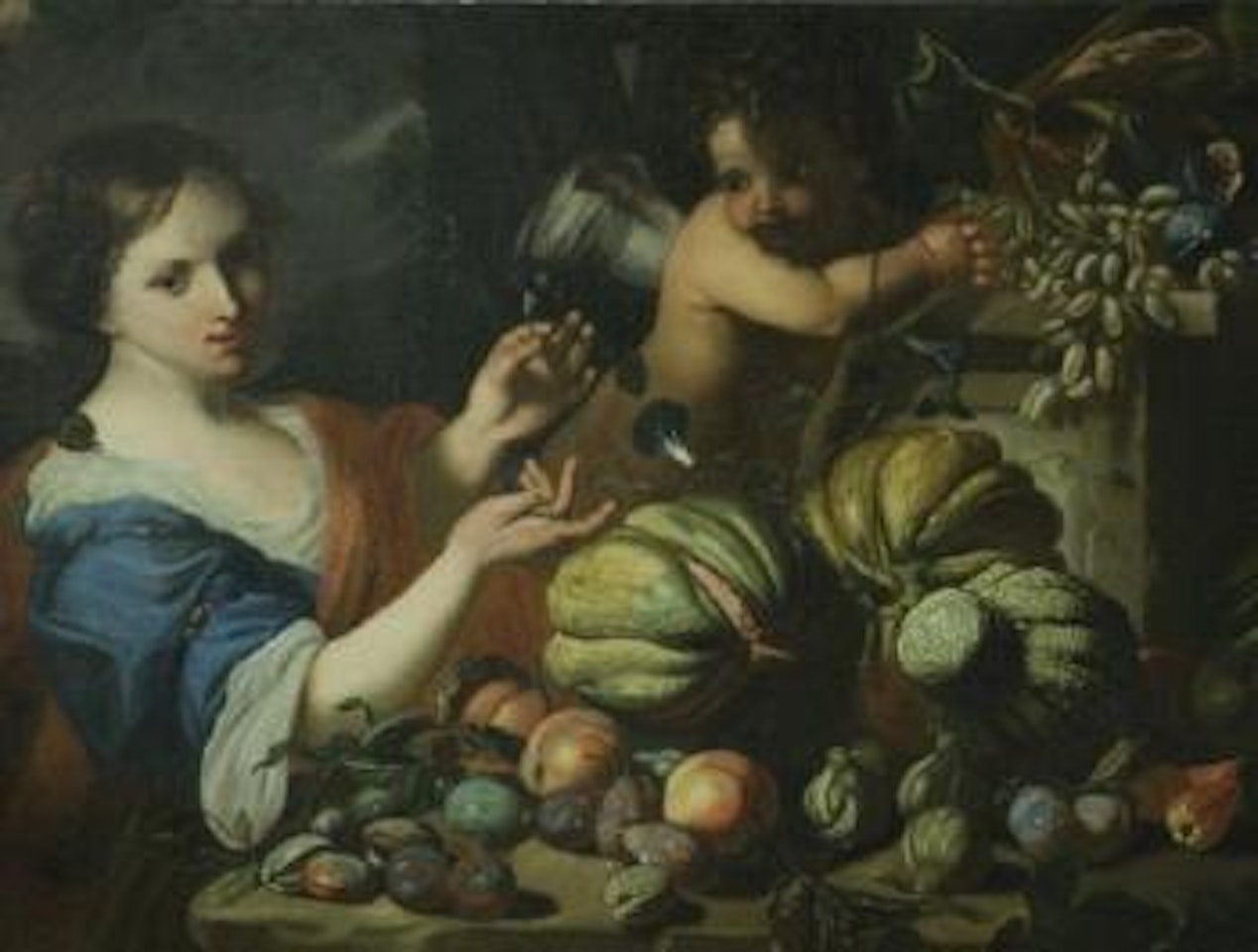 Jeune femme et amour devant une nature morte de fruits by Abraham Brueghel