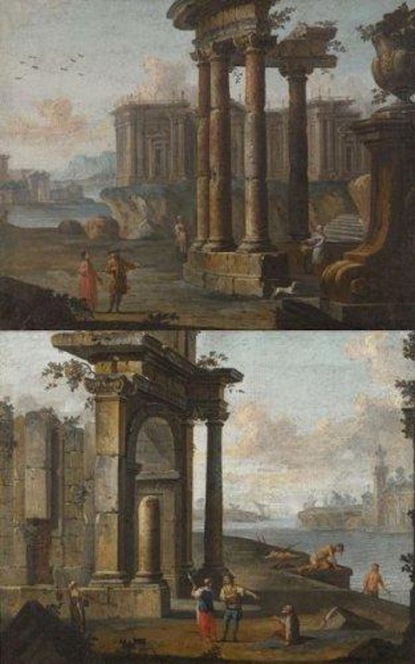 Palais classique et ruines antiques devant un rivage de méditerranée by Giovanni Battista Cimaroli