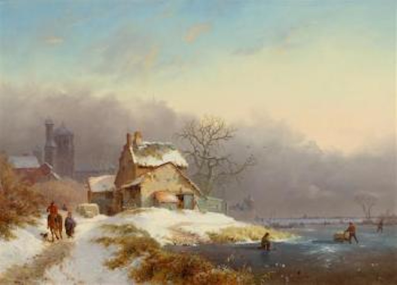 Winterlandschaft mit Figuren auf einem gefrorenen See by Fredrik Marinus Kruseman