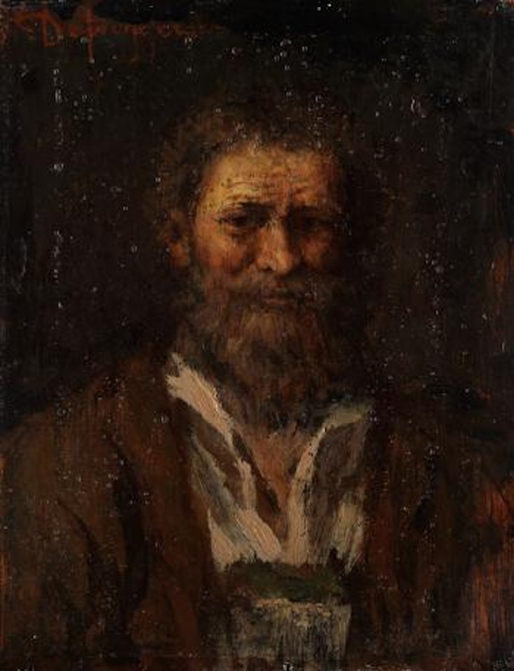 Brustbild eines bärtigen Tiroler Bauern in brauner Jacke mit hellem Hemd vor dunklem Hintergrund by Franz von Defregger