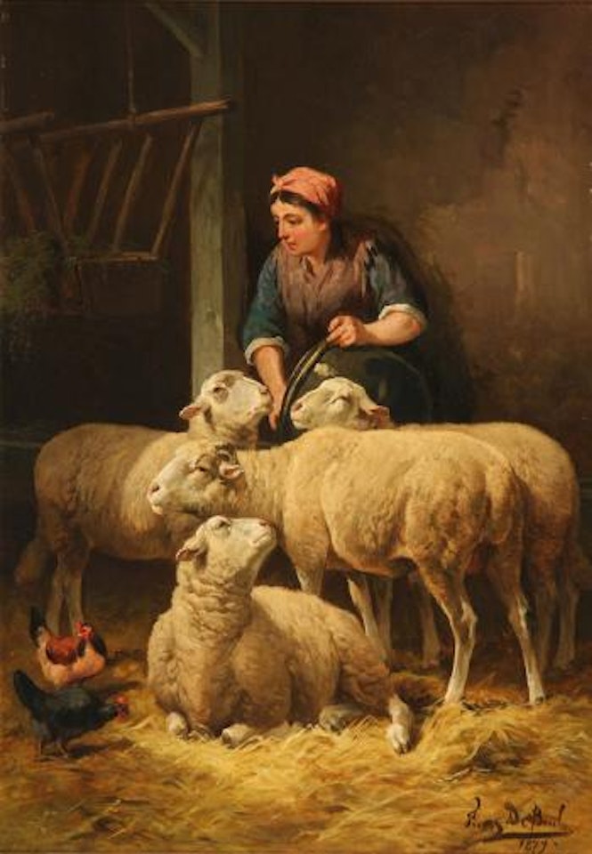 Shepherdess feeding sheep by Frans de Beul