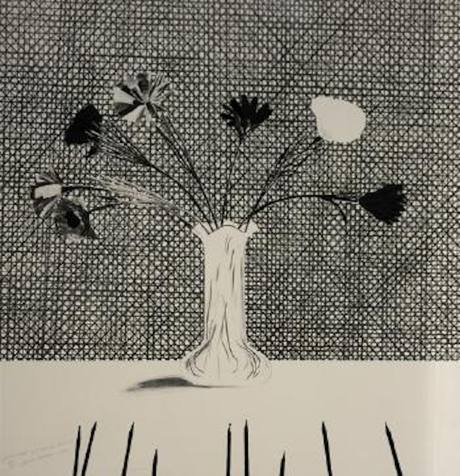 Flowers made of paper and black ink by David Hockney