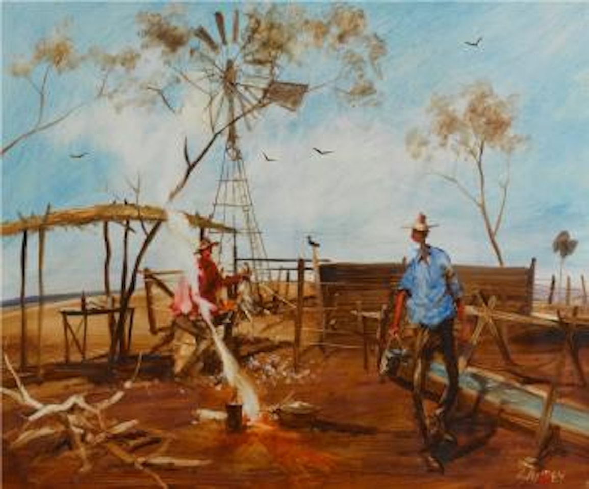 Plucking the plain turkey, at Rileys Bore gulf country N QLD by Hugh Sawrey