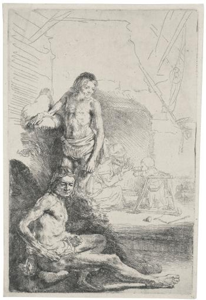 Nude Man Seated And Another Standing, With a Woman And Baby Lightly Etched In The Background (B., Holl. 194; H. 222; Bb. 46-1) by Attributed to Rembrandt Harmensz van Rijn
