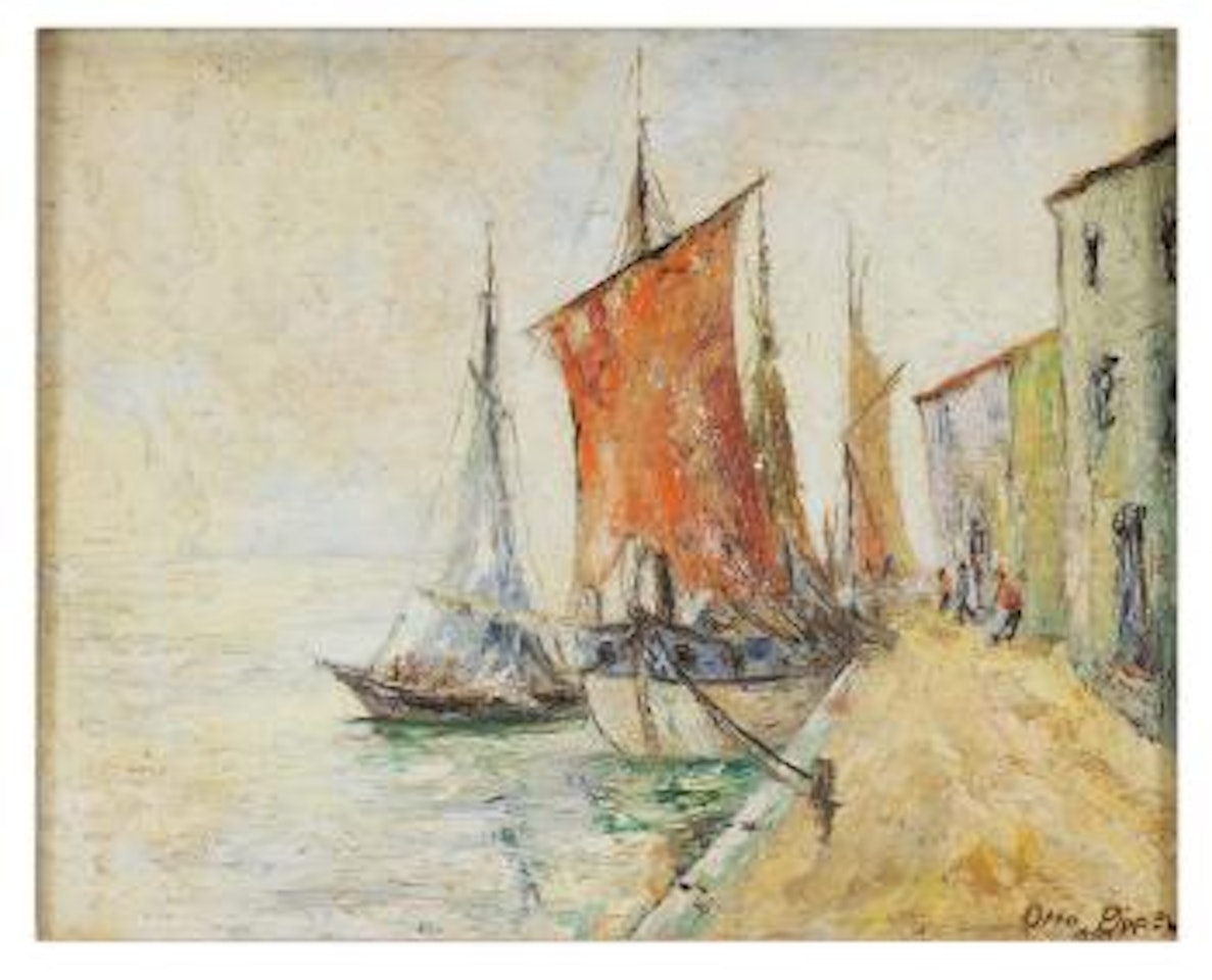 Boats in a harbor by Otto Pippel