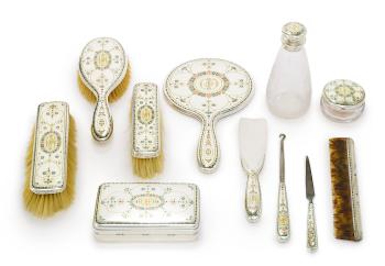 An American Silver And Enamel Eleven-piece Dresser Set by Tiffany & Co.