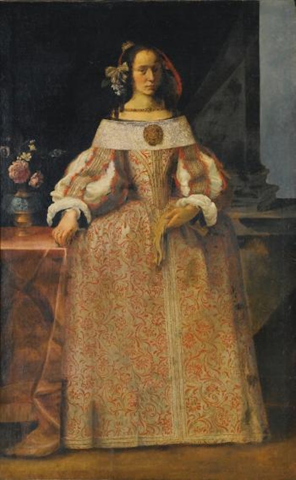 Portrait of a lady in a red and white dress by Pier Francesco Cittadini