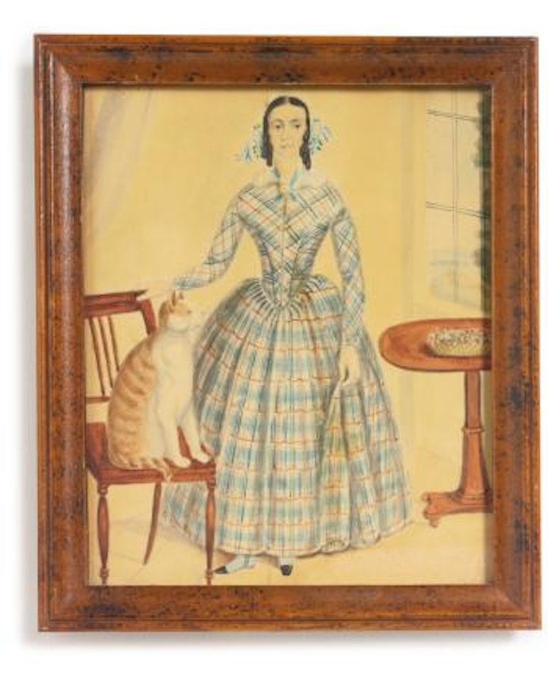 Lady With a Large Calico Cat; Gentleman With a Brass Horn: A Pair Of Watercolor Portraits by American School by English School