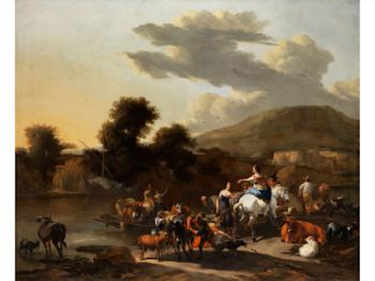 Italienische Landschaft, Fährboot im Flusslauf sowie eine Schimmelreiterin zwischen Hirten und Vieh by Nicolaes Pietersz Berchem
