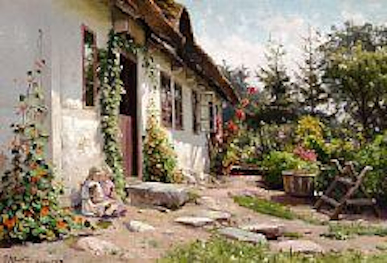 Little girls in the sunshine in a blooming garden behind a farm by Peder Mork Monsted