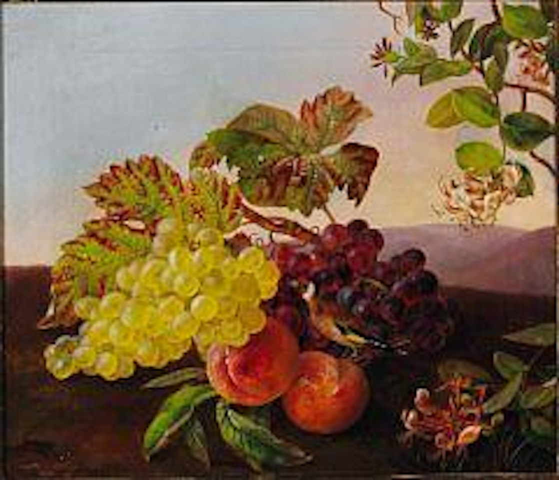 Still life with a goldfinch, grapes and peaches by Hanne Hellesen