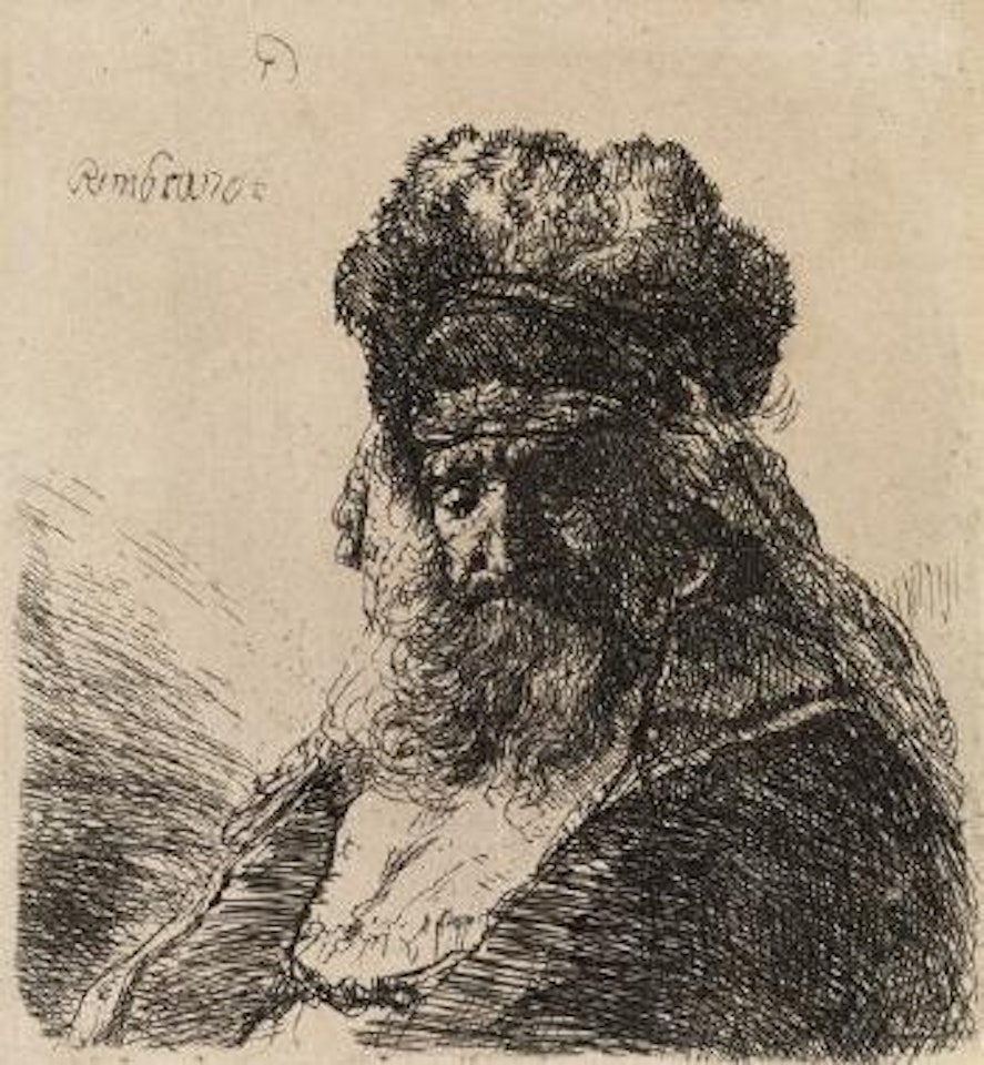 Niederblickender Greis in hoher Fellmütze by Attributed to Rembrandt Harmensz van Rijn